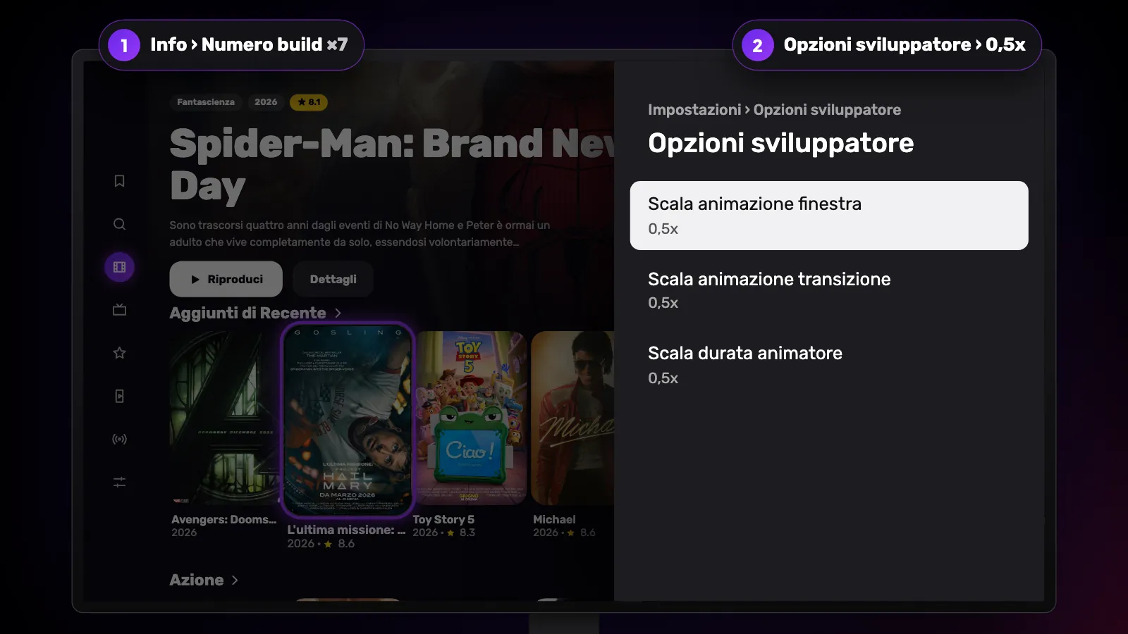 Pannello Opzioni sviluppatore con le tre scale di animazione a 0,5x, dopo aver selezionato sette volte il numero build.