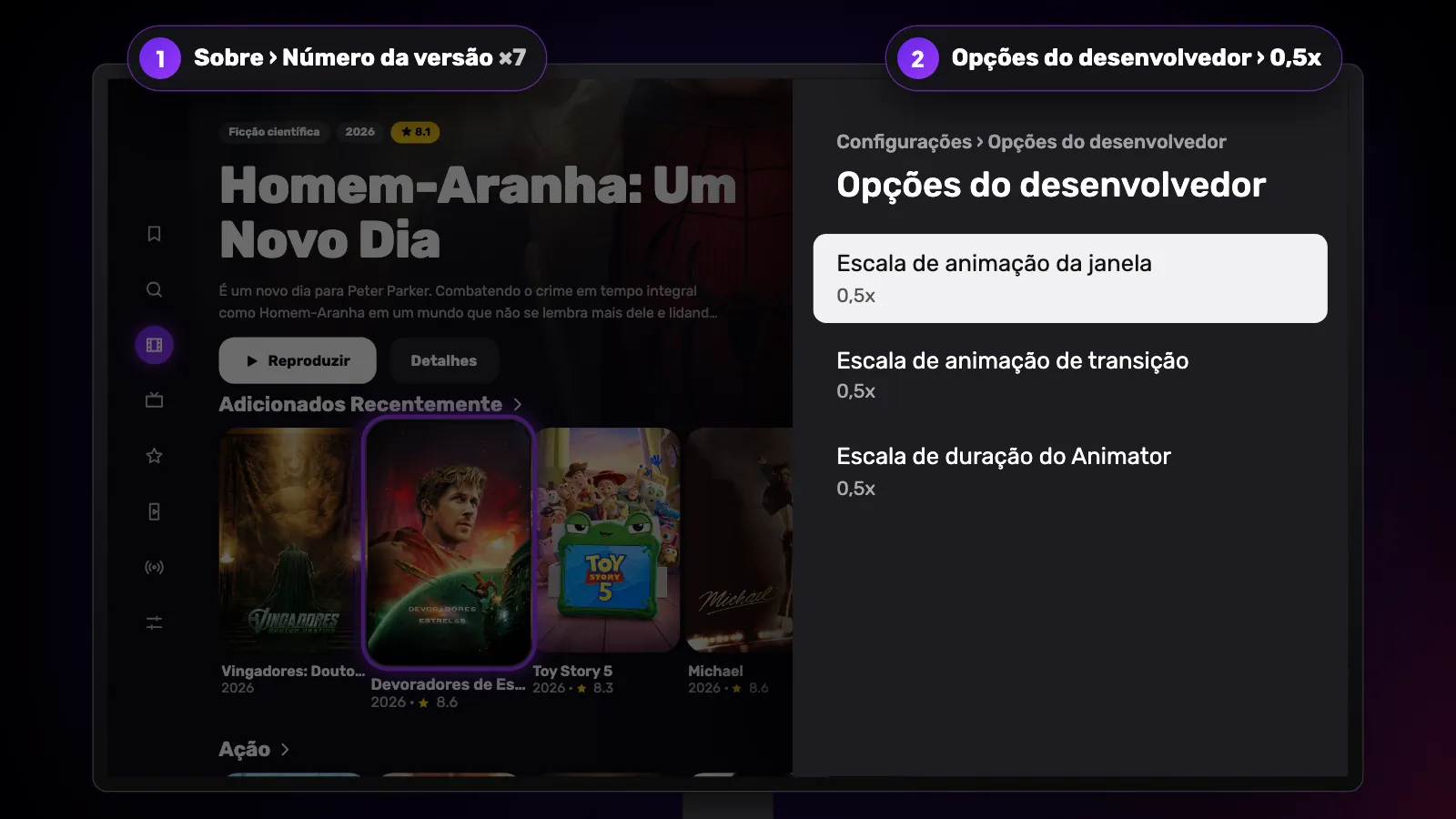 Painel Opções do desenvolvedor com as três escalas de animação em 0,5x, depois de tocar 7 vezes no número da versão.