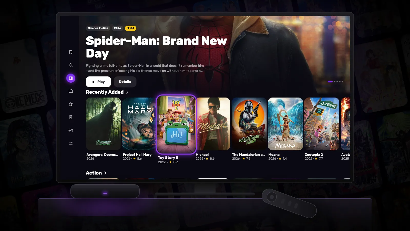 A TV running Reeltu, with a small Android TV box in front of it and its remote beside it.