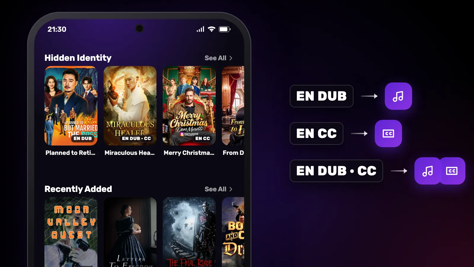 Short cards carrying DUB, CC and DUB · CC tags in the corner, each matched to an audio or subtitle icon.