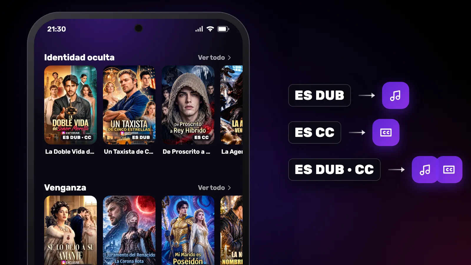 Tarjetas de Short con las etiquetas DUB, CC y DUB · CC en la esquina, junto a un icono de audio o de subtítulos.