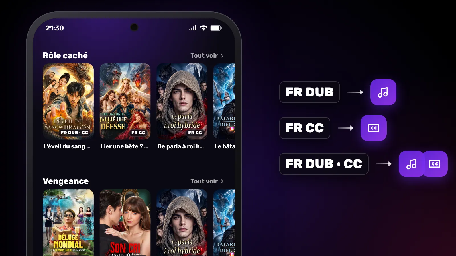 Des cartes Short avec les étiquettes DUB, CC et DUB · CC dans le coin, associées à une icône audio ou de sous-titres.
