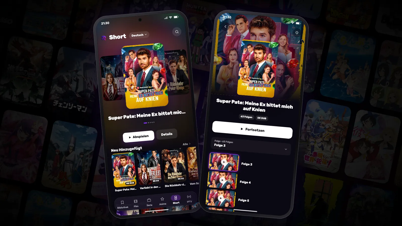 Zwei Android-Handys: eines zeigt den Tab Short mit seiner Sprachauswahl, das andere die Seite eines Kurzdramas mit seinen Folgen.
