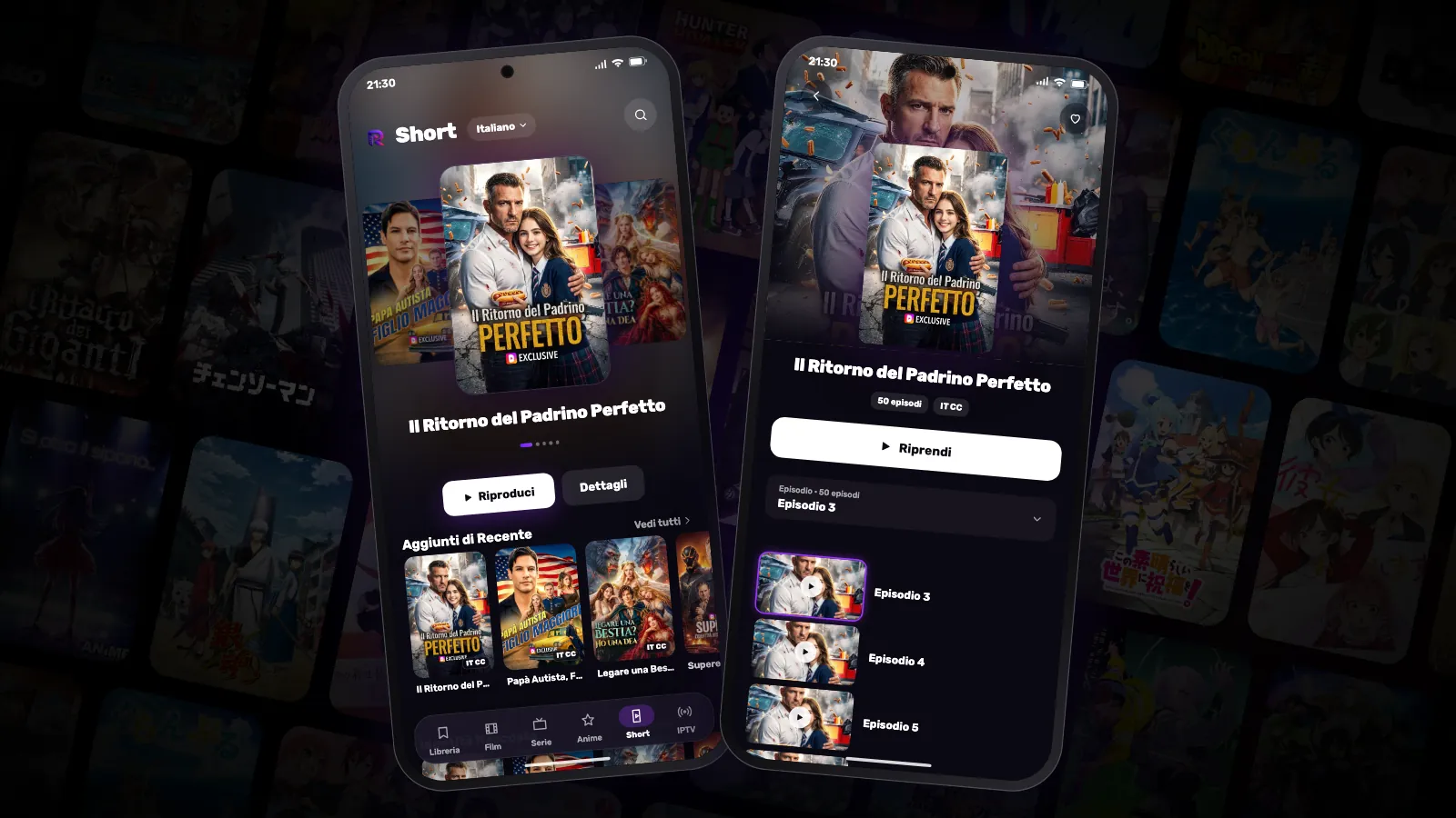 Due telefoni Android: uno mostra la scheda Short con la scelta della lingua, l’altro la pagina di un drama breve con i suoi episodi.