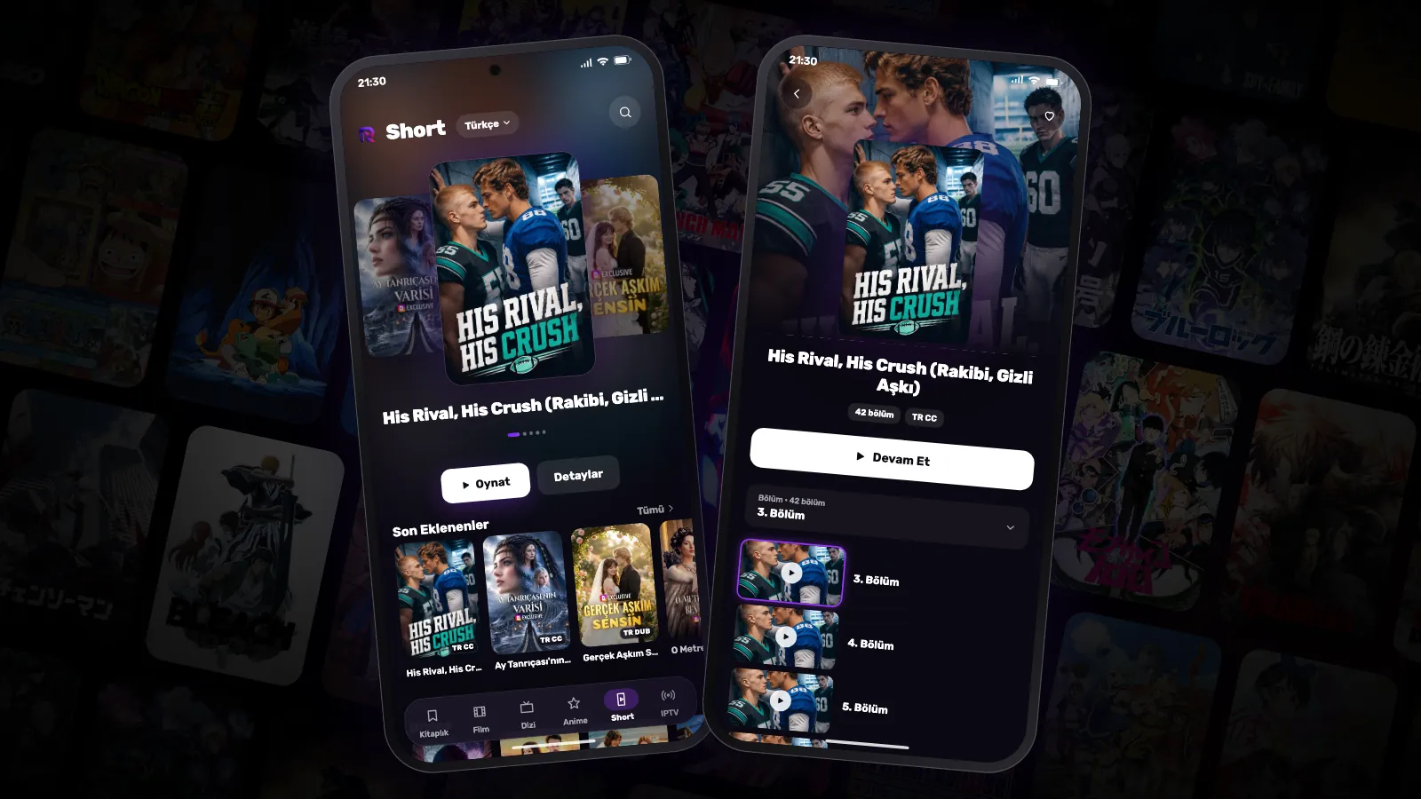 İki Android telefon: birinde dil seçicisiyle Short sekmesi, diğerinde bölüm listesiyle bir kısa dizinin sayfası.