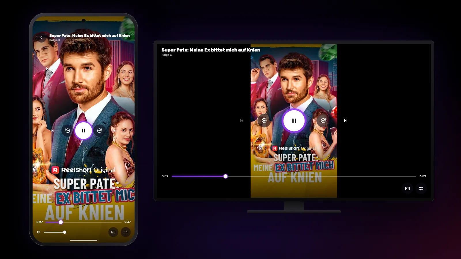 Dasselbe Kurzdrama: hochkant bildschirmfüllend auf dem Handy, auf dem Fernseher mittig mit dunklen Balken.