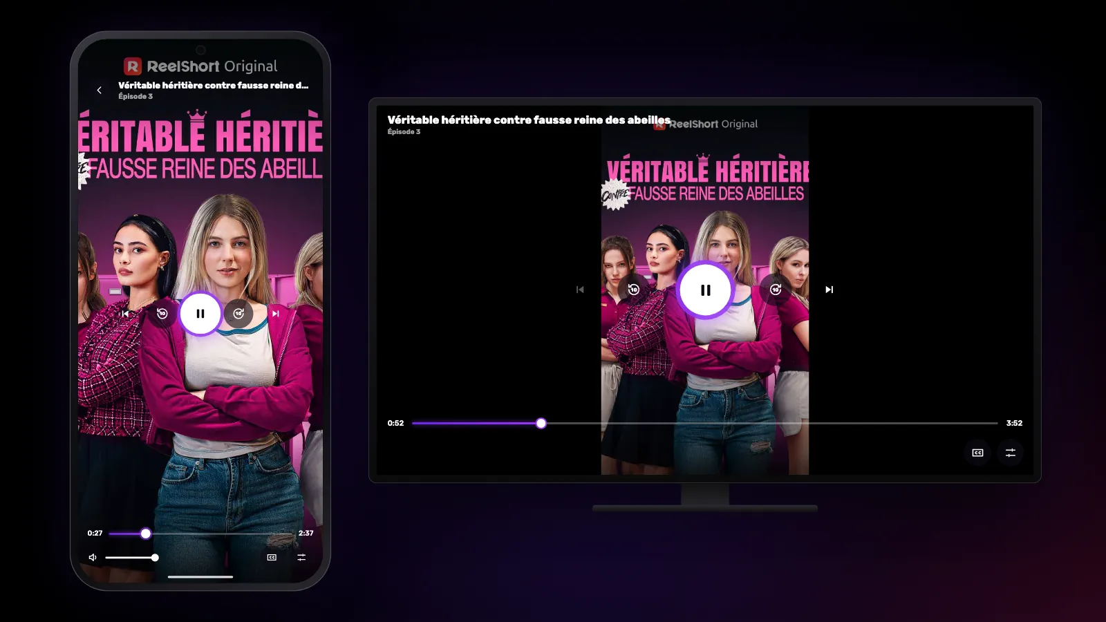 La même série courte : en plein écran vertical sur le téléphone, centrée sur le téléviseur avec des bandes sombres.