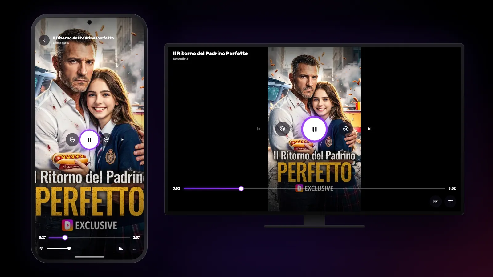 Lo stesso drama breve: in verticale a tutto schermo sul telefono, al centro della TV con bande scure ai lati.