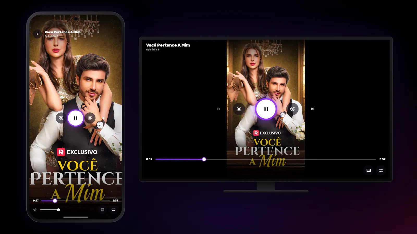 O mesmo dorama curto: em pé ocupando a tela do celular e no centro da TV, com faixas escuras nas laterais.