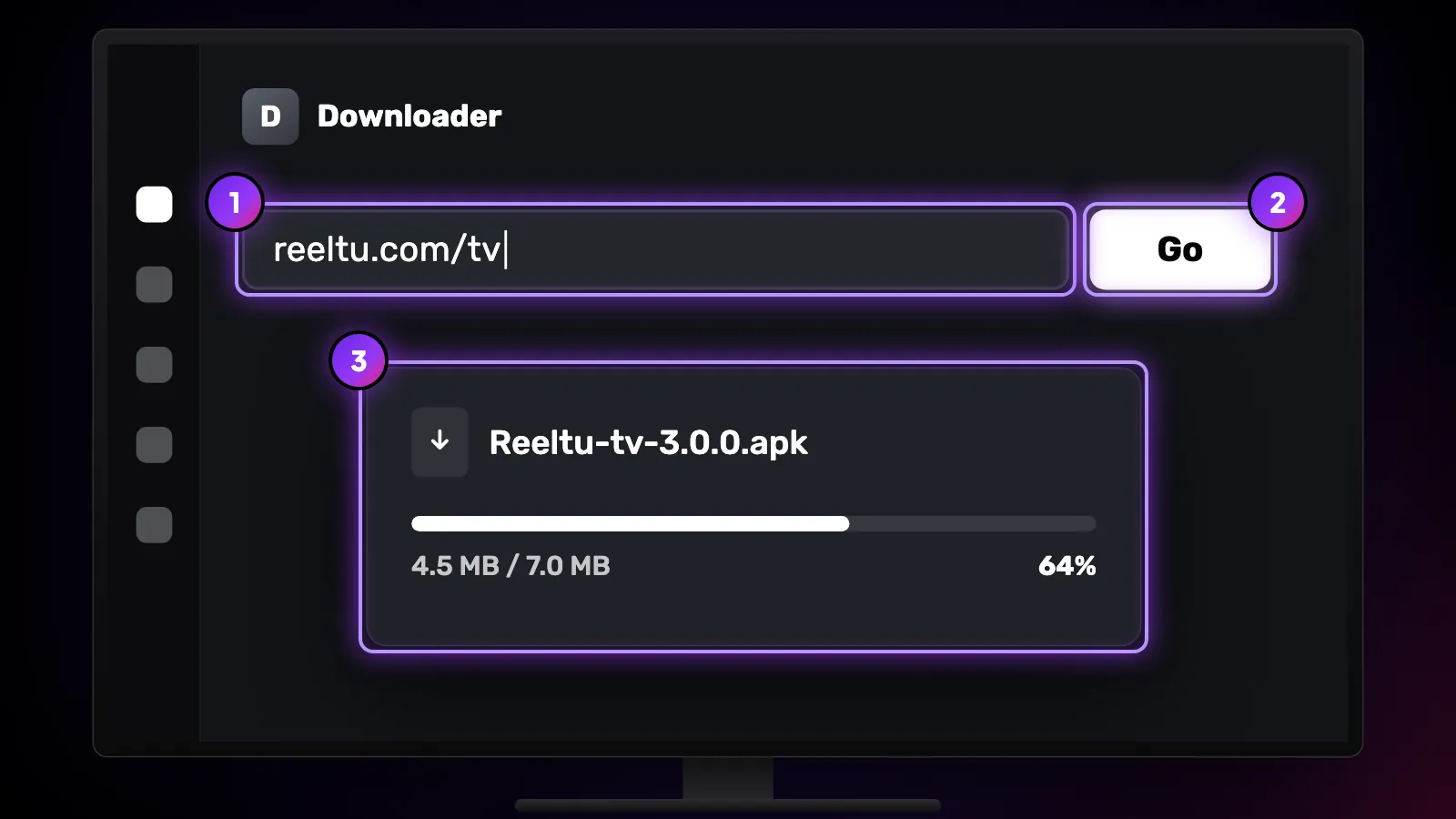 Downloader with reeltu.com/tv in the address field, Go selected, and the .apk file downloading with a progress bar.