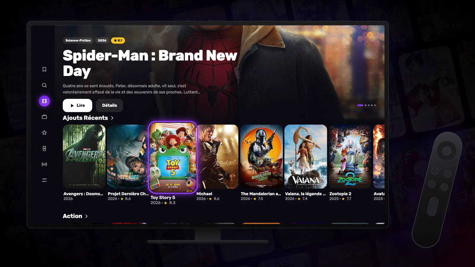 Un téléviseur affichant les rangées de films de Reeltu, avec une télécommande à côté.