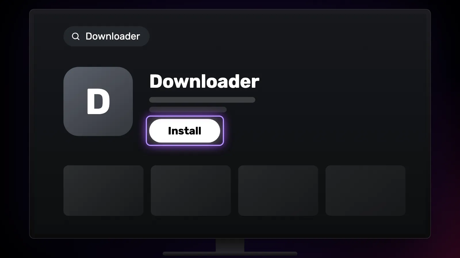 The Downloader app's page in Google Play on the TV, with the Install button marked.