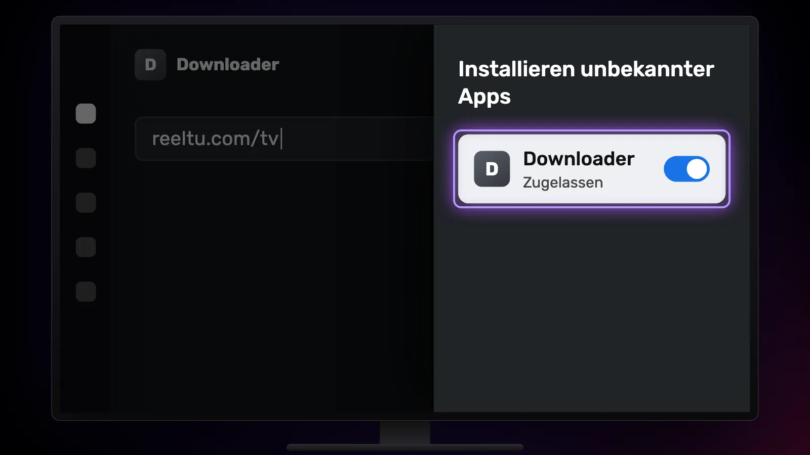 Die Einstellungsliste zum Installieren unbekannter Apps auf dem Fernseher; der Schalter für Downloader ist an.