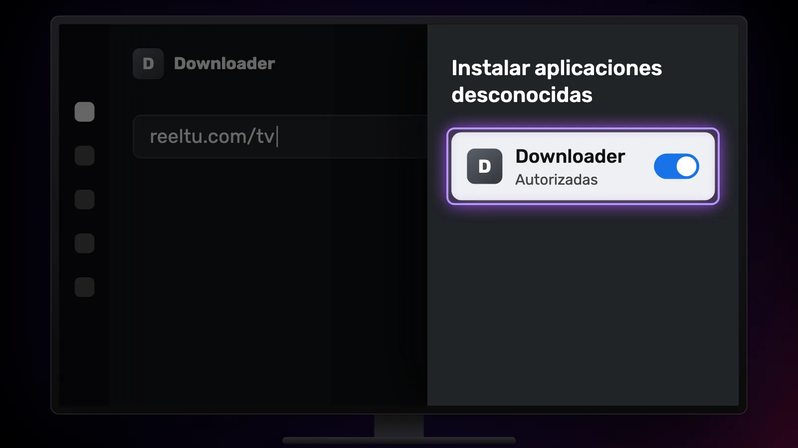 La lista de ajustes para instalar aplicaciones desconocidas en la TV, con el interruptor de Downloader activado.