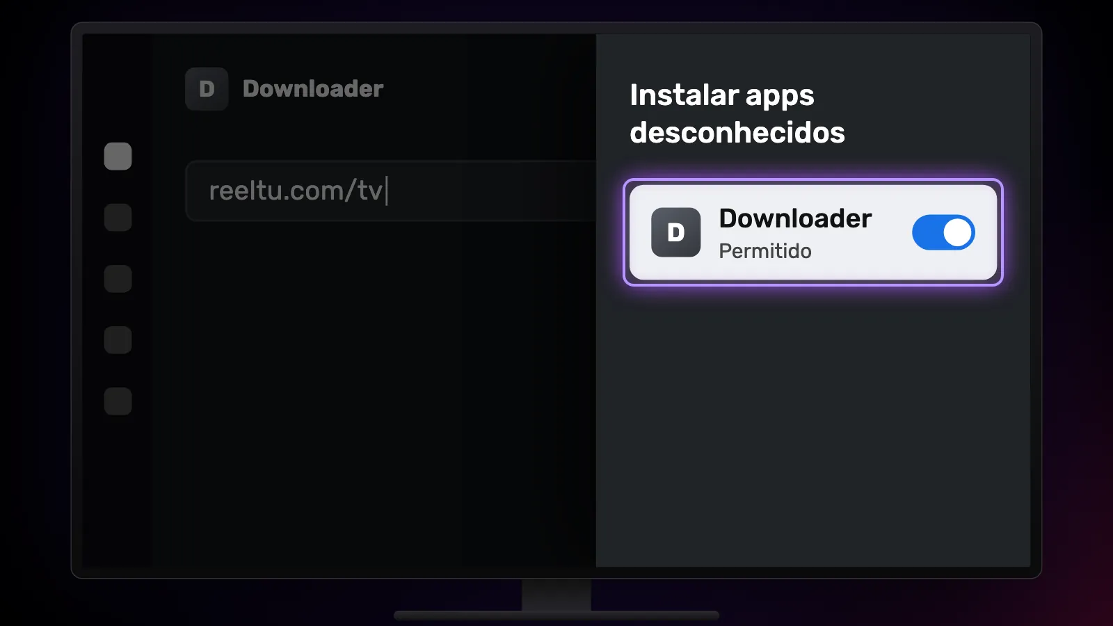 A lista de configurações para instalar apps desconhecidos na TV, com a chave do Downloader ativada.