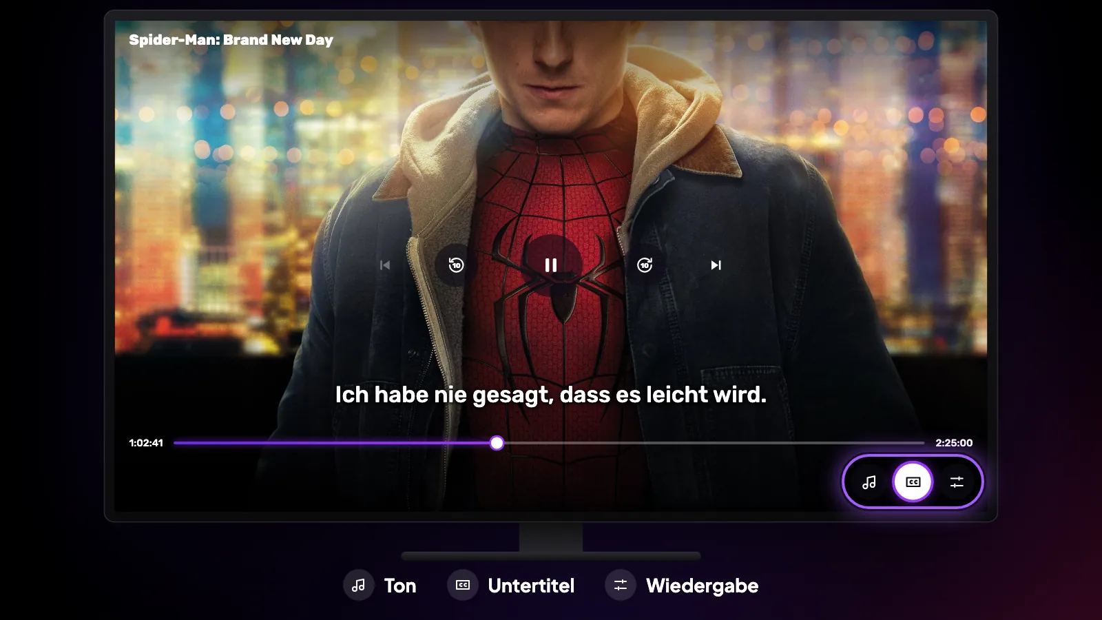 Die Steuerung des Reeltu-Players auf dem Fernseher; unten rechts sind die Ton-Schaltfläche, CC und das Zahnrad markiert.