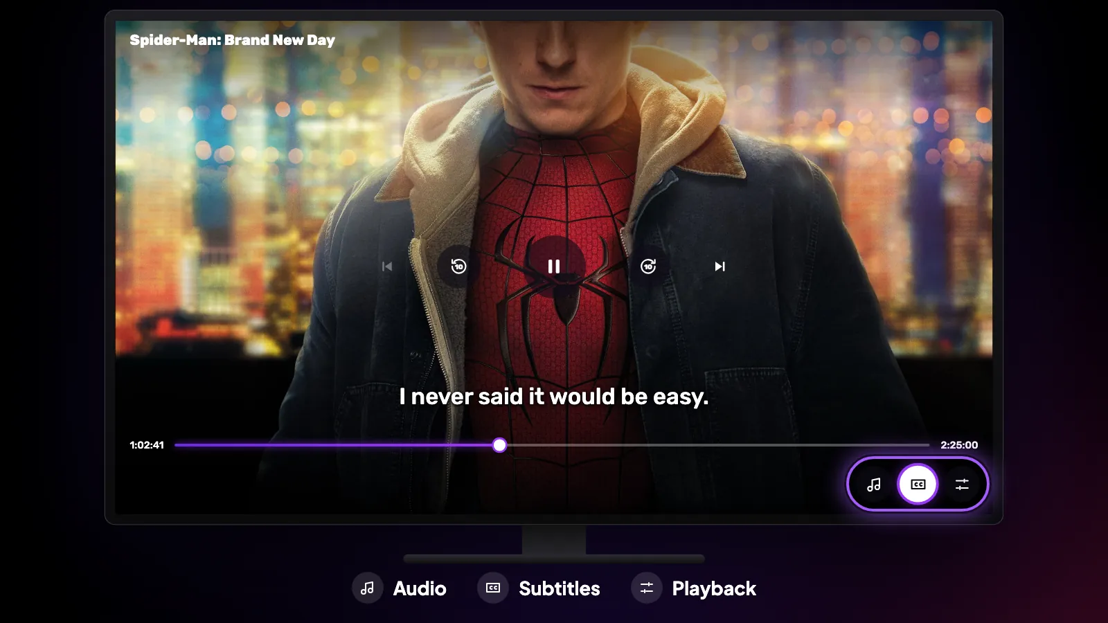 Reeltu’s TV player controls, with the audio button, CC and the gear highlighted at the bottom right.