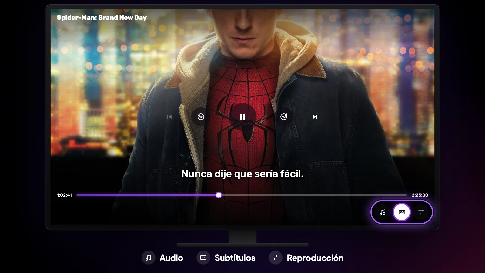 Los controles del reproductor de Reeltu en la TV, con el botón de audio, CC y el engranaje destacados abajo a la derecha.