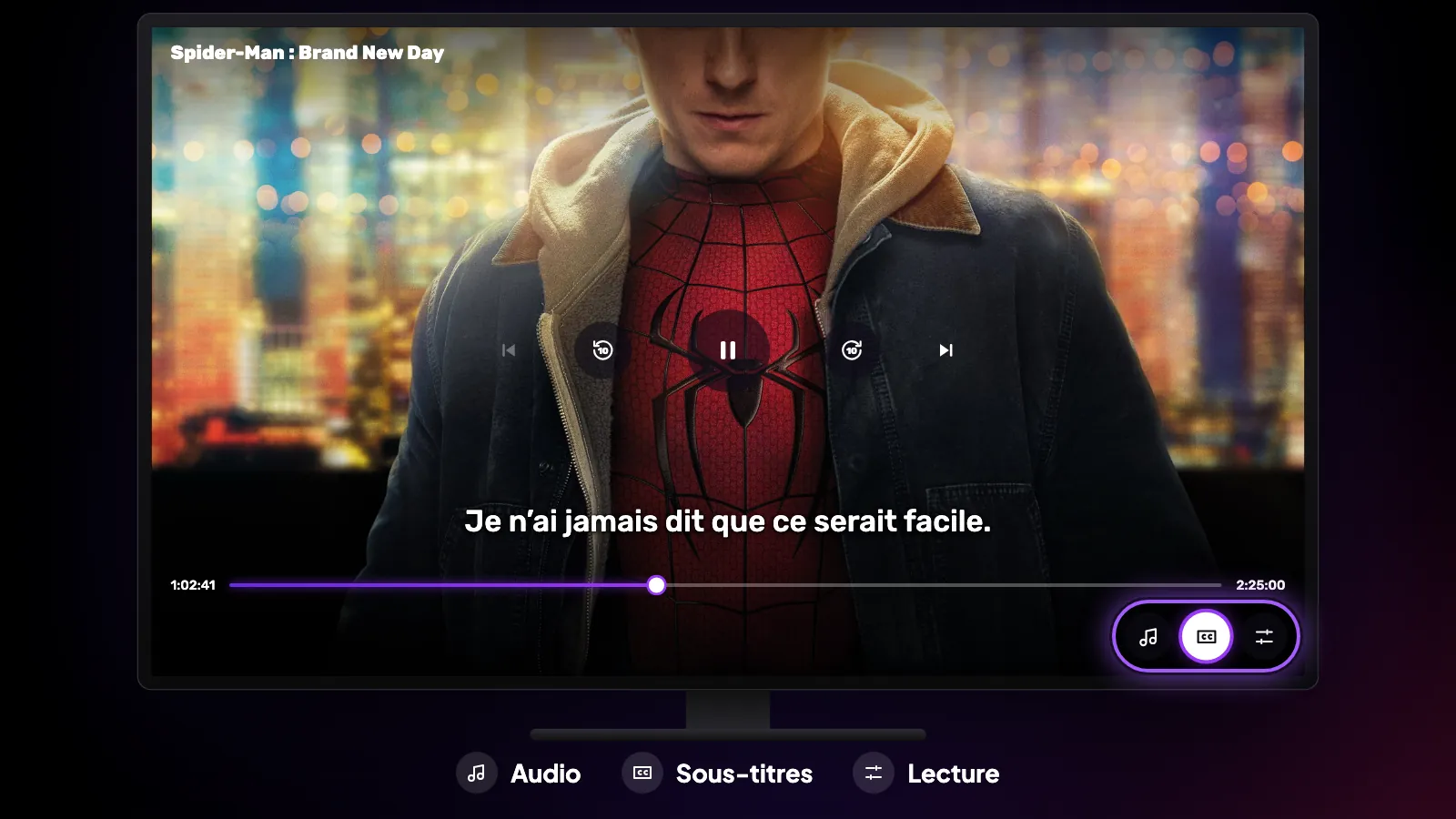 Les commandes du lecteur Reeltu sur TV ; en bas à droite, le bouton Audio, CC et la roue dentée sont mis en évidence.