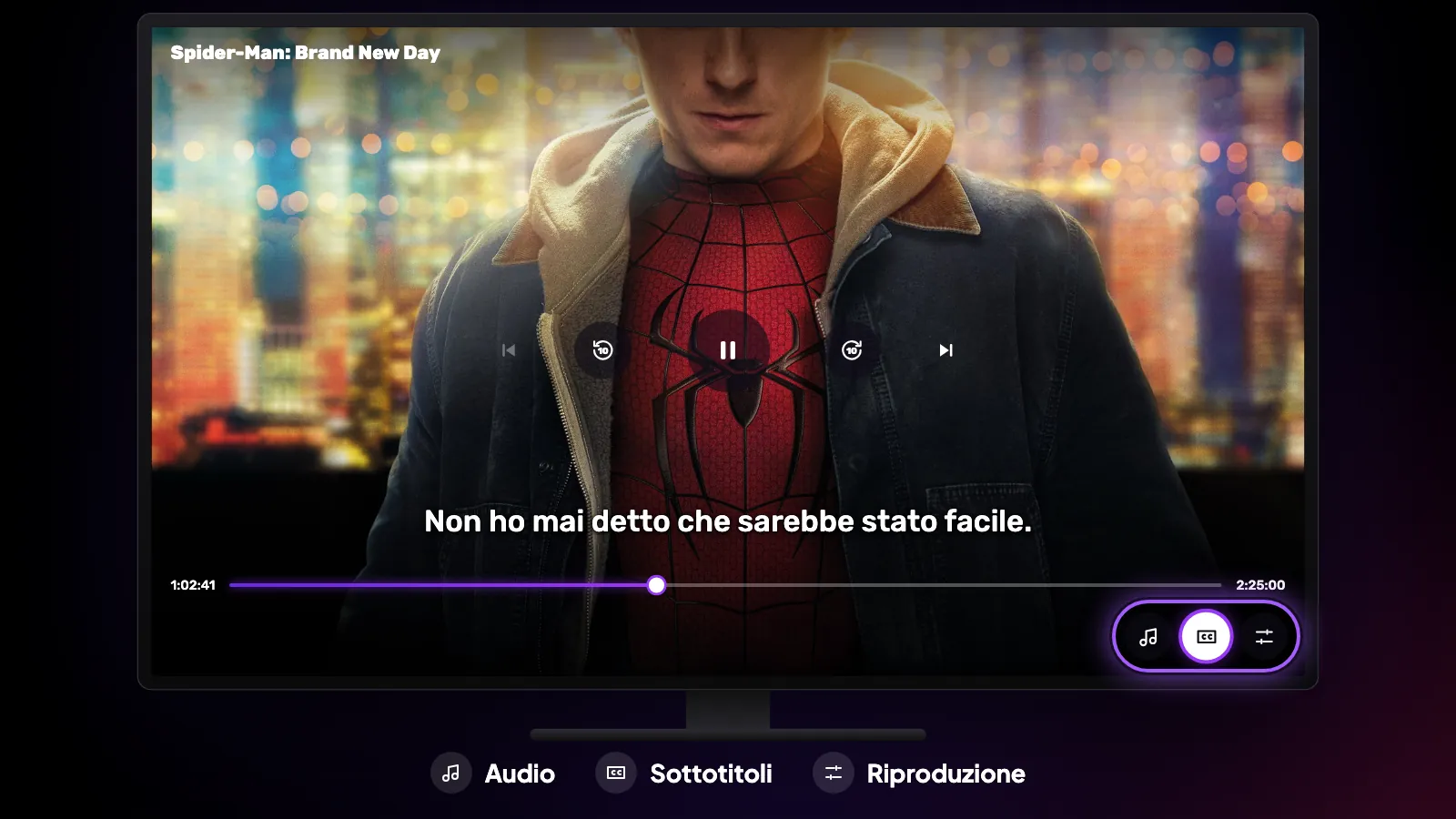 I comandi del player di Reeltu sulla TV, con il pulsante dell’audio, CC e l’ingranaggio evidenziati in basso a destra.