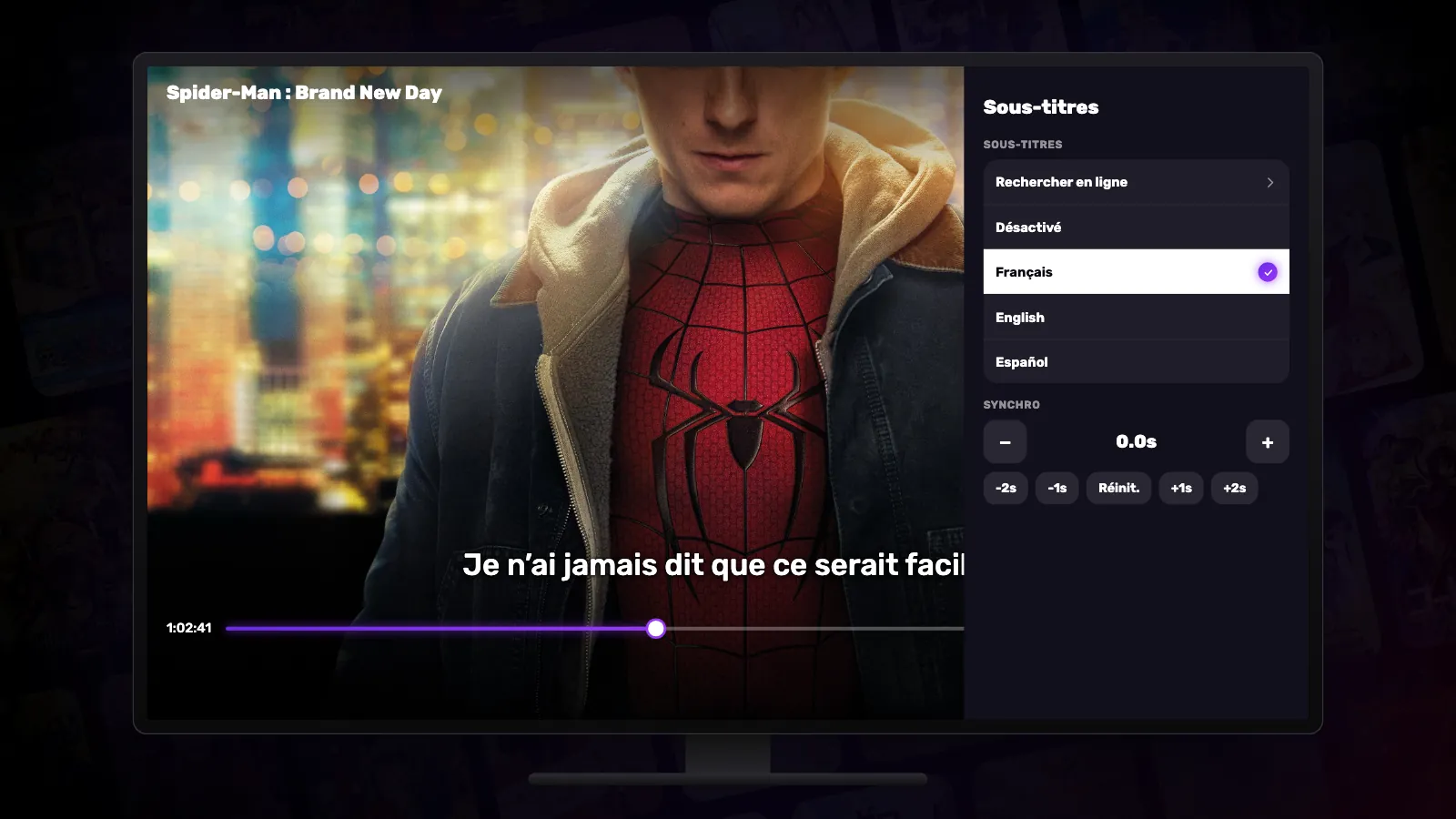 Une TV lit un film sous-titré ; à droite, le panneau CC ouvert liste Rechercher en ligne, Désactivé et les pistes de sous-titres.