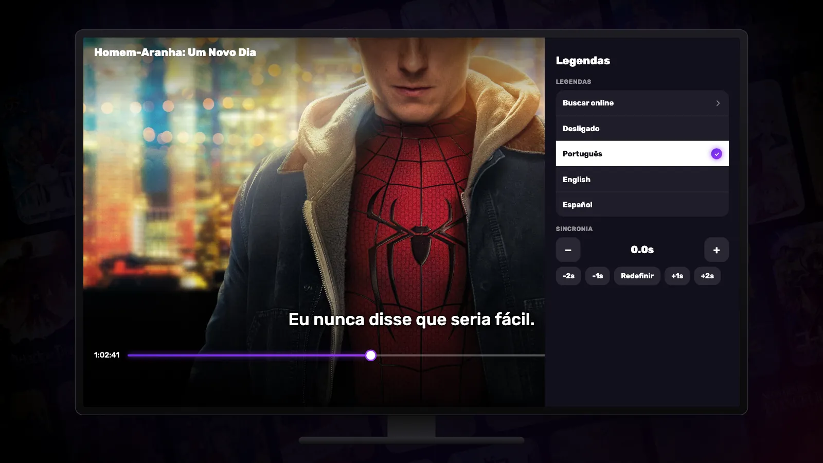 Uma TV exibe um filme com legenda; à direita, o painel CC aberto lista Buscar online, Desligado e as faixas de legenda.