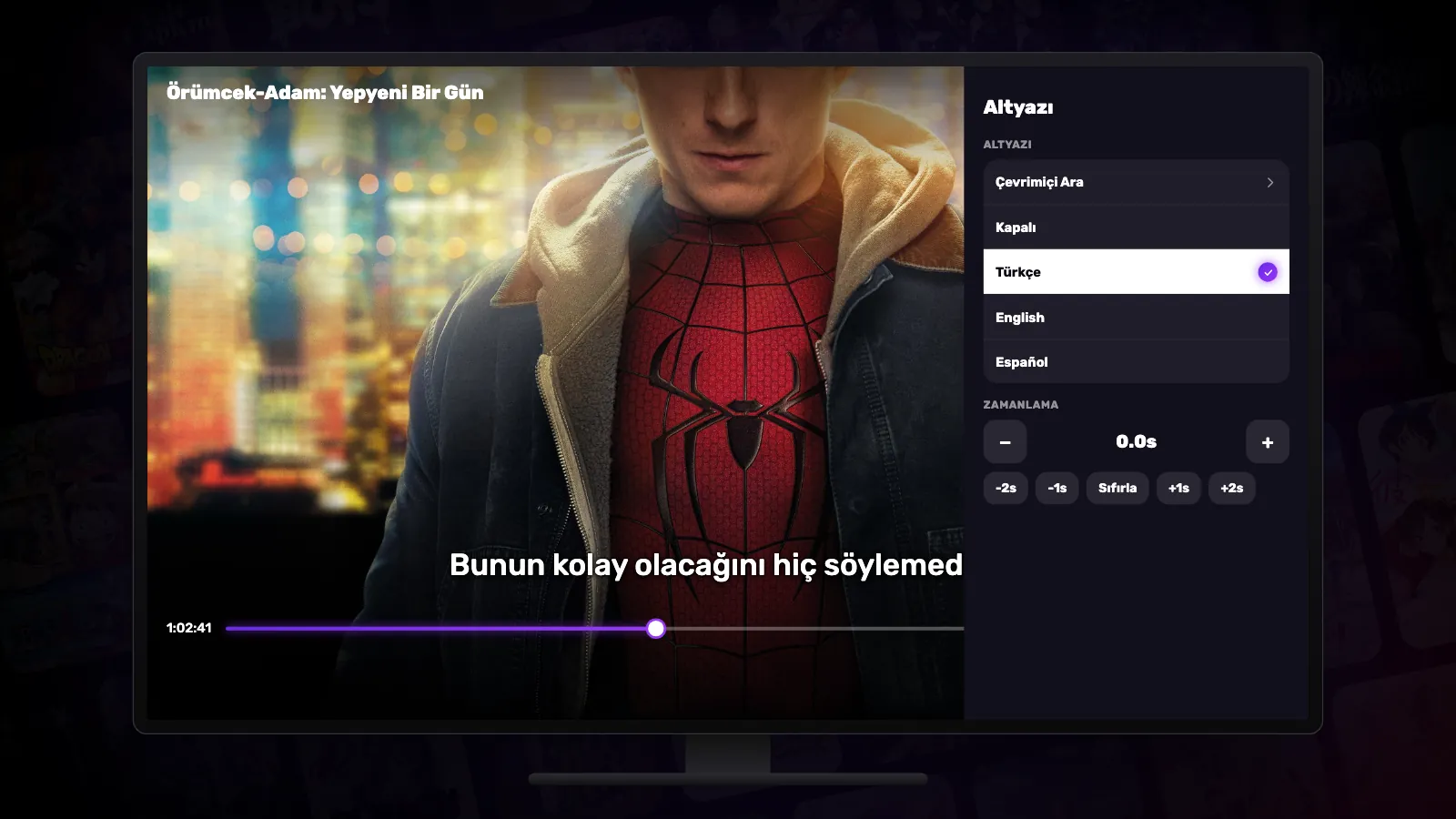 Altyazılı bir film oynatan televizyon; sağda Çevrimiçi Ara, Kapalı ve altyazı parçalarını listeleyen CC paneli açık.