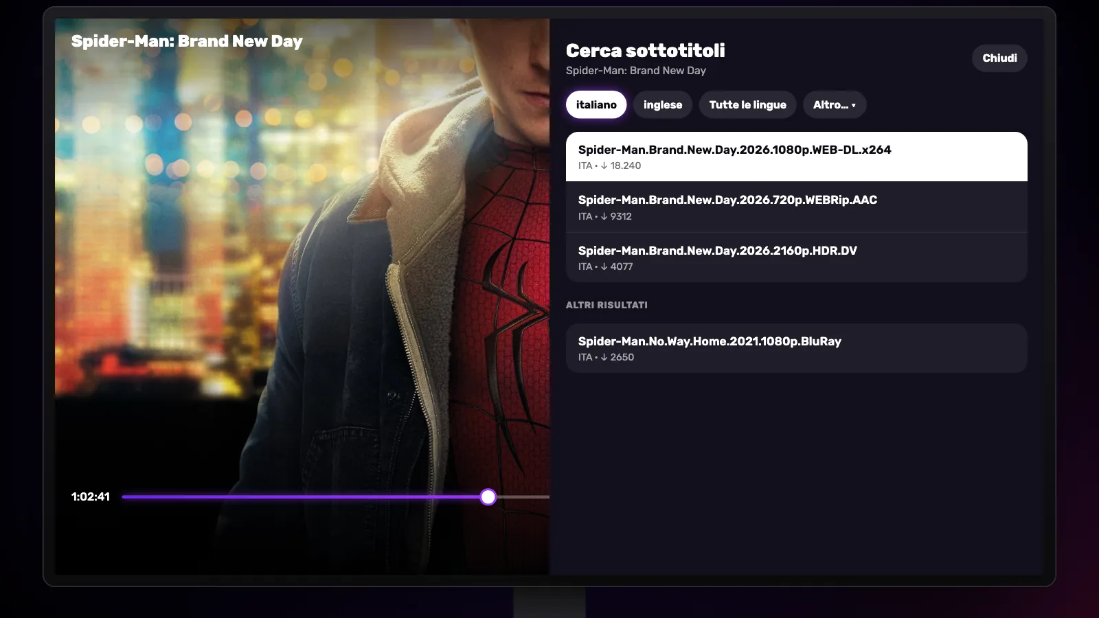 Il pannello Cerca sottotitoli sulla TV: pulsanti delle lingue in alto e i risultati di OpenSubtitles con i download.