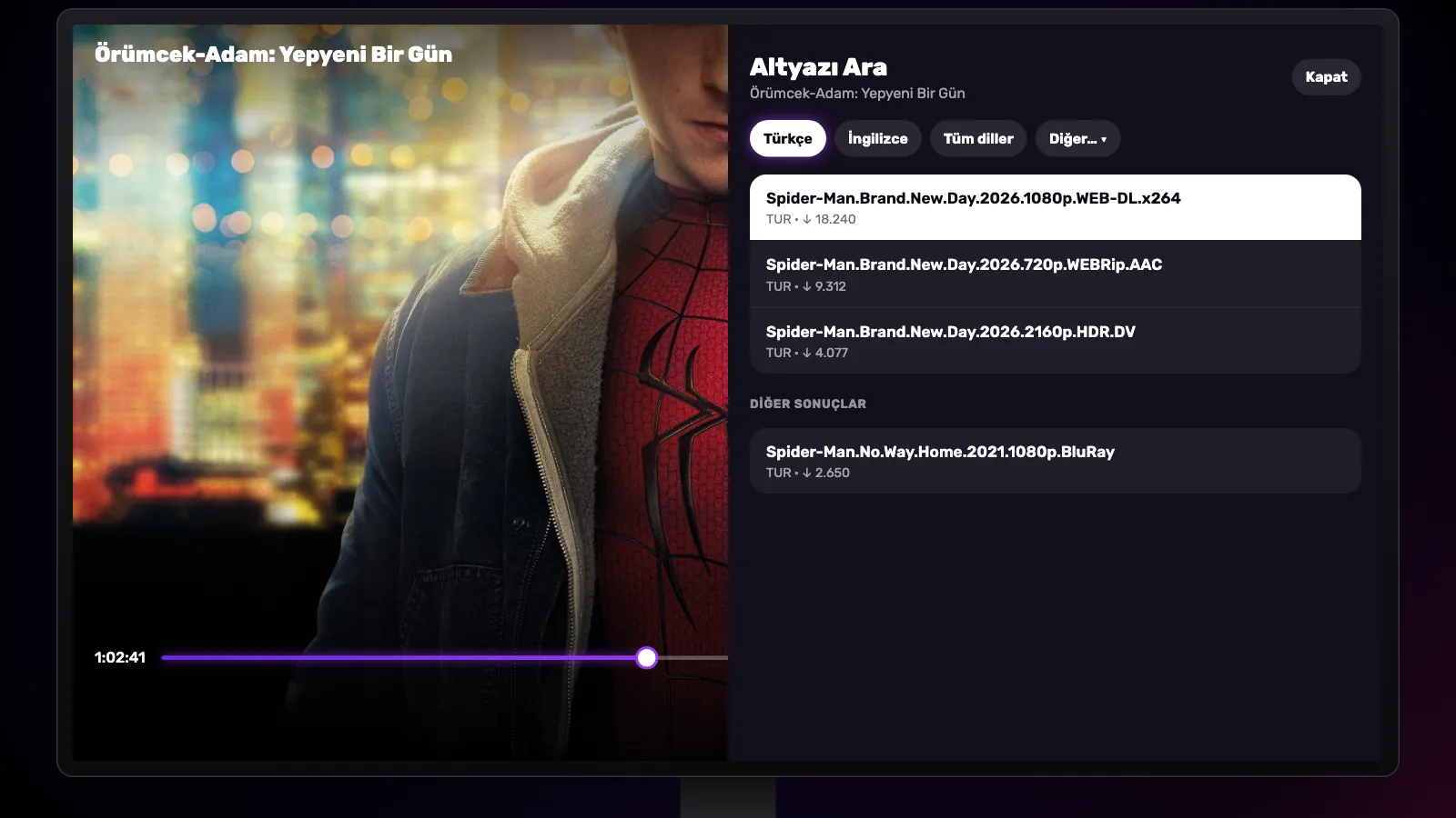 TV’de Altyazı Ara paneli: üstte dil düğmeleri, altında indirme sayılarıyla OpenSubtitles sonuçları.