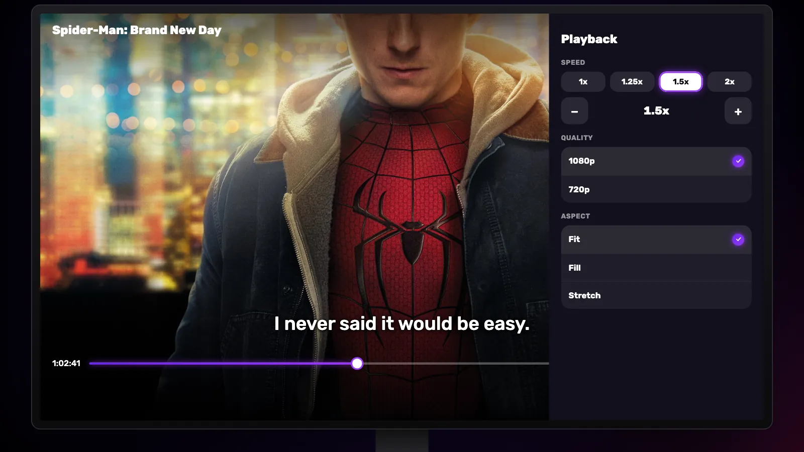 The Playback panel on a TV: speed presets 1x to 2x with 1.5x chosen, minus and plus buttons, then Quality and Fit, Fill or Stretch.