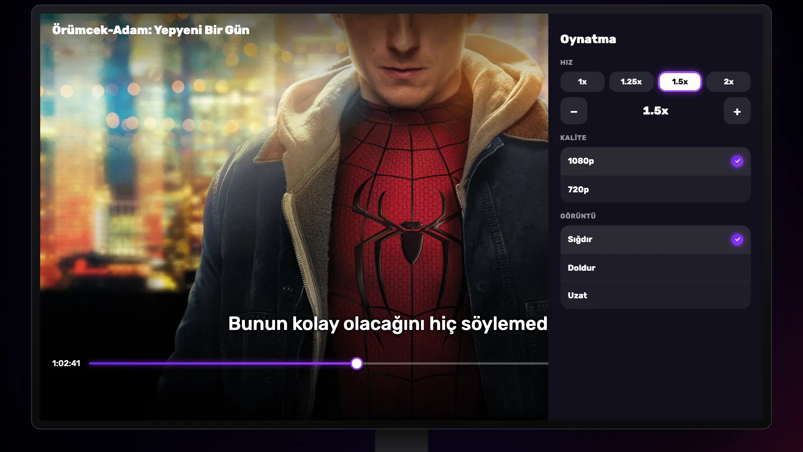 TV’de Oynatma paneli: 1x’ten 2x’e hız seçenekleri, 1.5x seçili, eksi ve artı düğmeleri; altında Kalite ile Sığdır, Doldur ve Uzat.