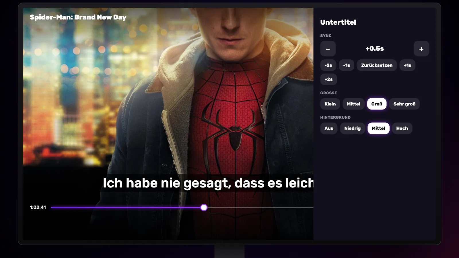 Das CC-Panel bei Sync, Größe und Hintergrund; Groß ist gewählt, der Untertitel steht größer auf einem dunklen Streifen.