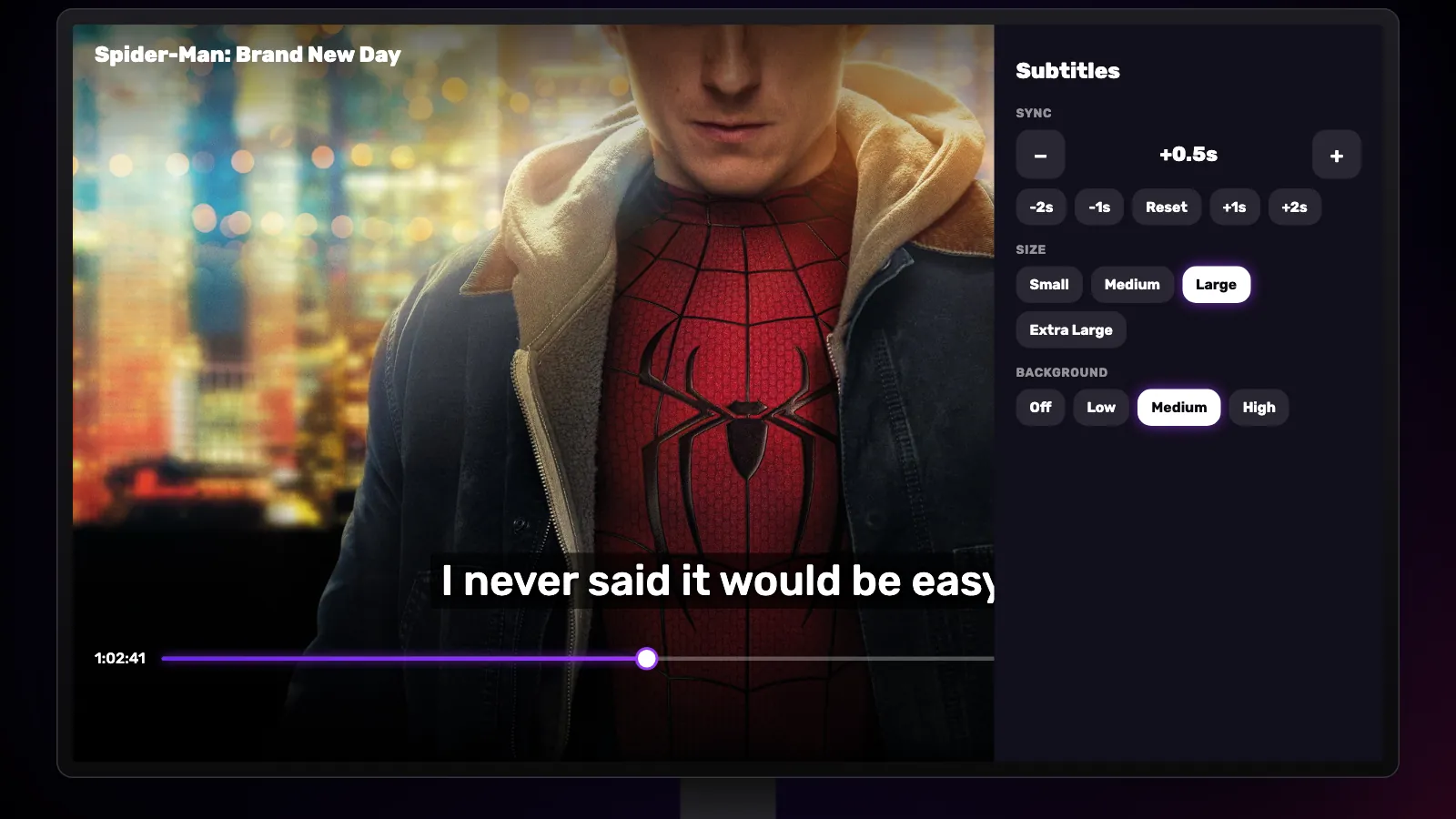 The CC panel scrolled to Sync, Size and Background, with Large selected and the subtitle drawn bigger on a dark band.