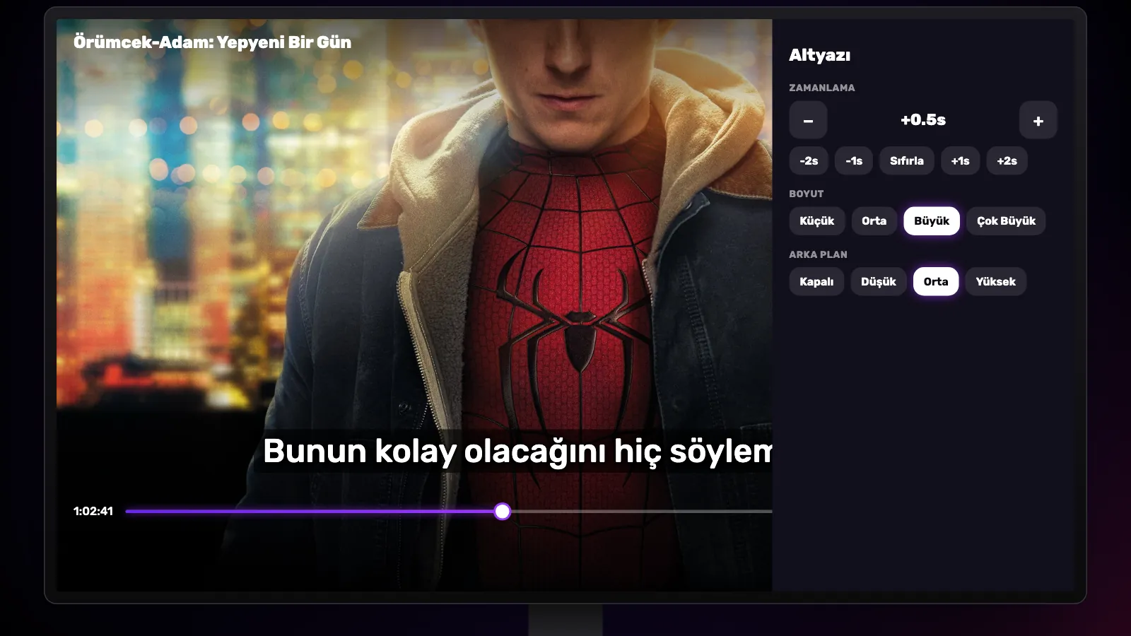 Zamanlama, Boyut ve Arka plan ayarları açık CC paneli; Büyük seçili, altyazı koyu bir şerit üzerinde daha büyük.